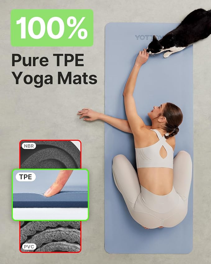 Yoga Mat,Non-Slip TPE Exercise Mat(1/4 Inch) for Pilates, Fitness & Barefoot Workouts, Home Gym Studio with Strap & Bag