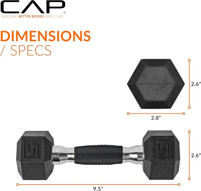 CAP Rubber Coated Dumbbell Weights, Free Weights for Home Gym Strength Training, Anti-Roll Hex Dumbbells with Black, Chrome & Comfort Grip Handles, Pairs & Sets