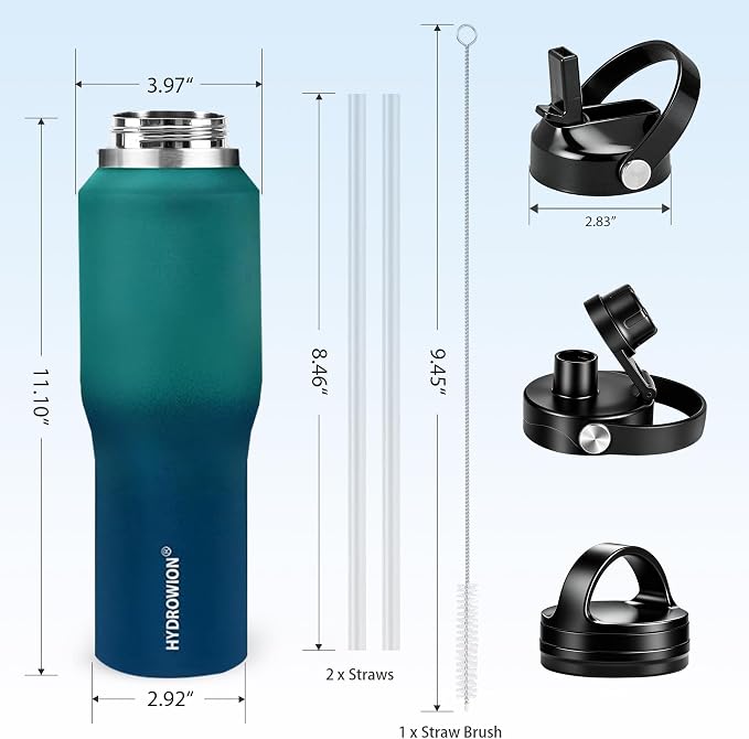 HYDROWION 40 oz Insulated Water Bottle with Straw fit in Car Cup Holder(Cold 48 hrs, Hot 24 hrs) Drinking Bottle with Straw Lid, Spout Lid and Flex Cap Leakproof Travel Thermo Mug，Green - Blue