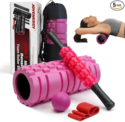 5 in 1 Foam Roller Set High Density Patented Foam Roller for Exercise | Foam Roller Massage Stick, Massage Ball, Resistance Band for Deep Muscle Massage Pilates Yoga Trigger Point Release Pink