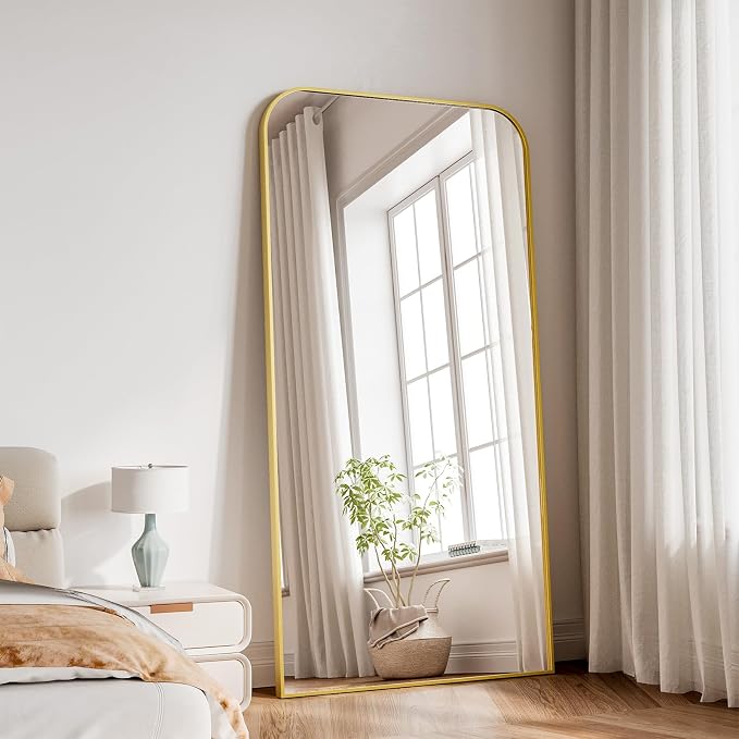Koonmi Full Length Mirror, 71"x30" Mirror Full Length with Stand, Gold Domed Top Square-Edged Floor Mirror with Aluminum Alloy Frame for Bedroom Living Room