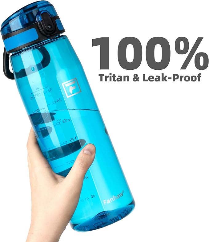 Fanhaw 32 oz Clear Plastic Water Bottle, BPA Free Leakproof Tritan Sports Water Bottle with Chug Lid, Wide Mouth Reusable Bottle for Gym, Travel, School & Office (Classic Blue)