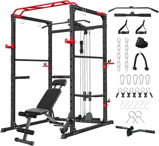 HulkFit Power Rack, Multi-Function Squat Rack with LAT Pull Down, Power Cage with Pulley System, Strength Training Home Gym Equipment with Workout Equipment Attachments, Cable Machine for Home Gym