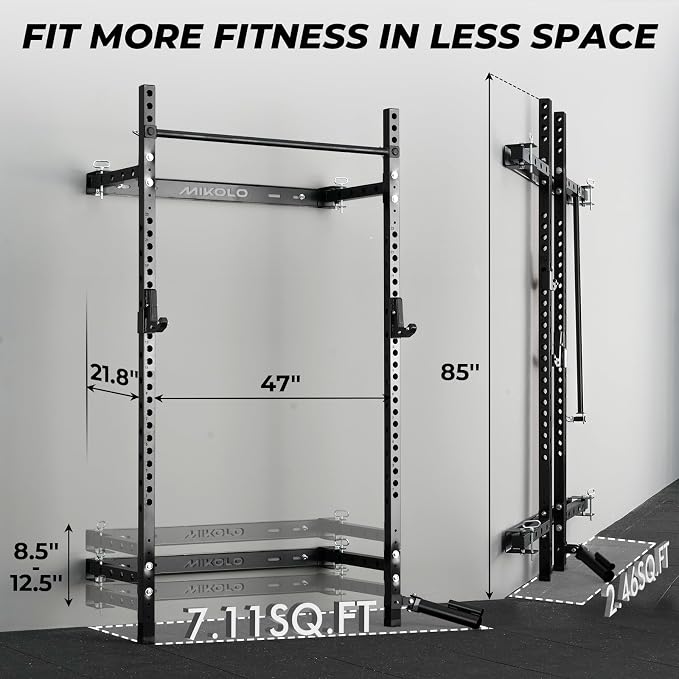 Mikolo 2" x 2" Folding Wall Mounted Squat Rack, 1000 Pounds Capacity Power Rack with Pull Up Bar, J Hooks and Other Attachments, Space-Saving Home Gym