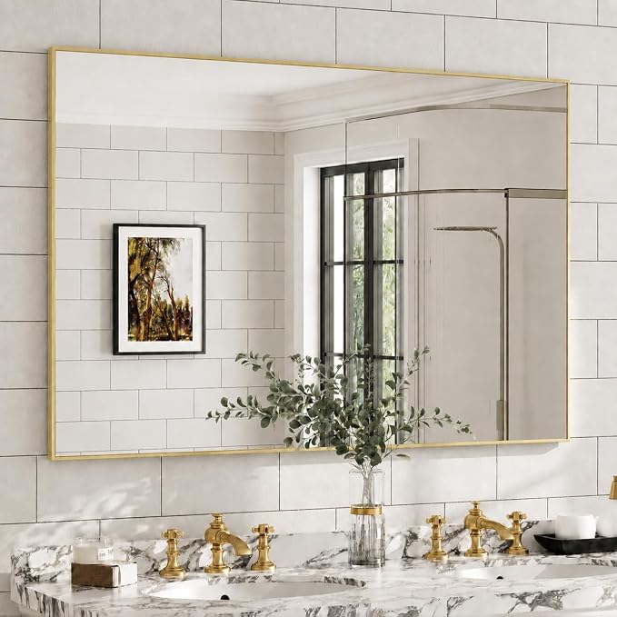36" x 48" Gold Wall Mirror for Bathroom, 48" x 36" Oversized Rectangular Accent Decor, Large Metal Framed Mirror for Dining Room & Vanity