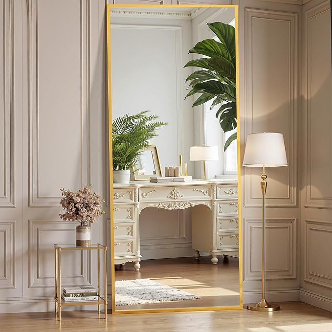 OLIXIS Full Length Mirror for Bedroom, 65"x24" Full Body Mirror with Stand | Hanging or Leaning for Wall, Aluminum Alloy Thin Frame Floor Standing for Living Room, Long, Gold