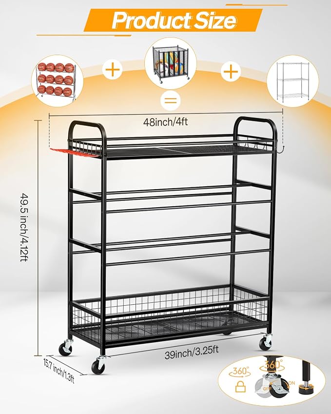 EXTCCT Garage Sports Equipment Organizer - Rolling Ball Storage Bin with Wheels, Garage Sports Gear Rack Outdoor Basketball Racks for Balls with Baseball Bat Holder and Hooks, Toy Organizer