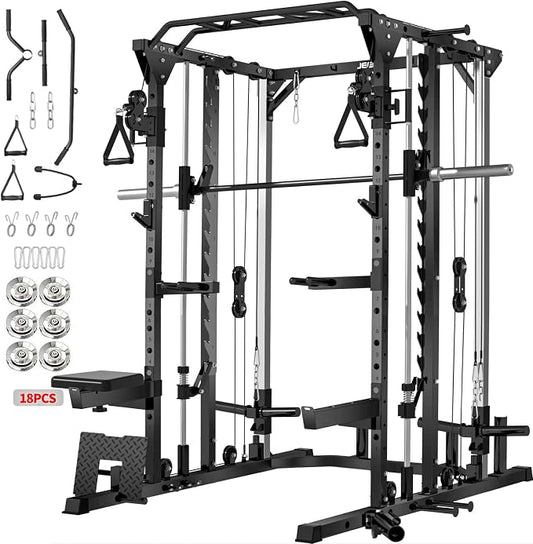 JEEKEE Power Cage with Cable Crossover System, 2000LB Multi-Function Power Rack with Independent Dual Pulleys, LAT Pulldown Seat Cushion, 20+ Attachments Squat Rack for Home Gym Workout,Black