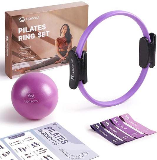 Pilates Ring Set 14" Magic Circle, 9" Mini Ball, Resistance Bands | Foam-Padded Fiberglass Pilates Ring, 400 lb Anti-Burst Ball, Latex Bands, Guide & Bag, Pilates Equipment Kit for Home Workout