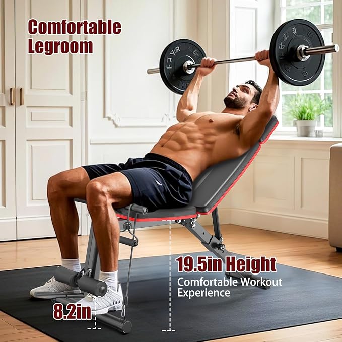 XDDIAS Adjustable Weight Bench, Workout Bench with Leg Extension and Preacher Curl Pad, Weight Bench for Home Gym, Foldable Exercise Bench, Quick Adjustment Incline Bench Press