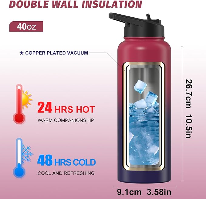 40oz Insulated Water Bottle (Cold for 48 Hrs),BPA Free&Leak Proof,Stainless Steel Water Flask,Water Jug with Straw Spout Lids for Gym,Hiking,Travel,Red Purple