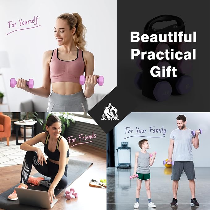 LIONSCOOL Set of 2 Neoprene Coated Dumbbell Hand Weights, Anti-Slip and Anti-Roll Hex Dumbbells in Pair for Strength Training, Resistance Training