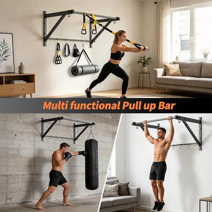 Adjustable Depth Pull Up Bar, Wall & Doorway Mounted Chin Up Bar with Hooks, Thickened Steel Construction, 500LBS Heavy Duty Capacity, Home Garage Upper Body Strength Training Equipment