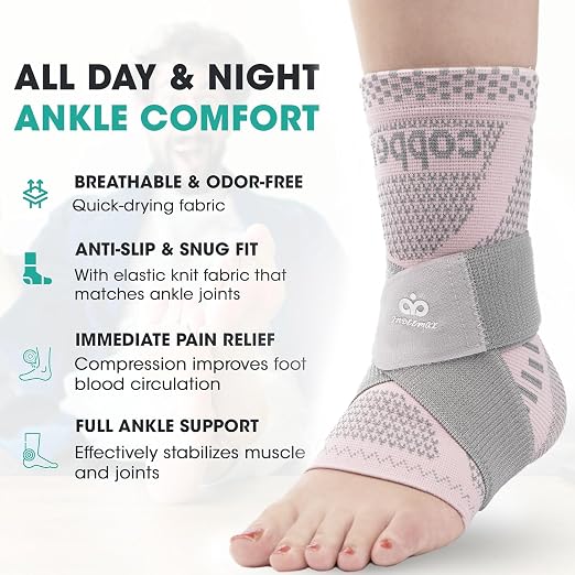 INDEEMAX Ankle Brace for Sprained Ankle Compression Sleeve, 2 Pack Copper Infused Ankle Support Brace for Women & Men, Plantar Fasciitis Relief Achilles Tendonitis, Sports Running, Pink Silver, XL
