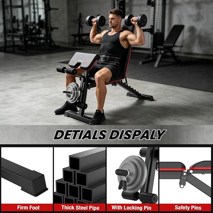 Weight Bench Press, Adjustable Workout Benches for Home Gym Dumbbell Exercise, 880 LB Stable Incline Decline Bench for Full Body Workout, 2 Sec Fast Folding Strength Training Sit up Bench