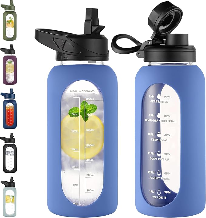 CIVAGO 32 oz Glass Water Bottle with Straw, Large Motivational Water Jug | Time Marker, 2 Leakproof Lids, Wide Mouth, Water Flask Cup with Handle and Silicone Sleeve, for Gym, Sports, Wave Blue