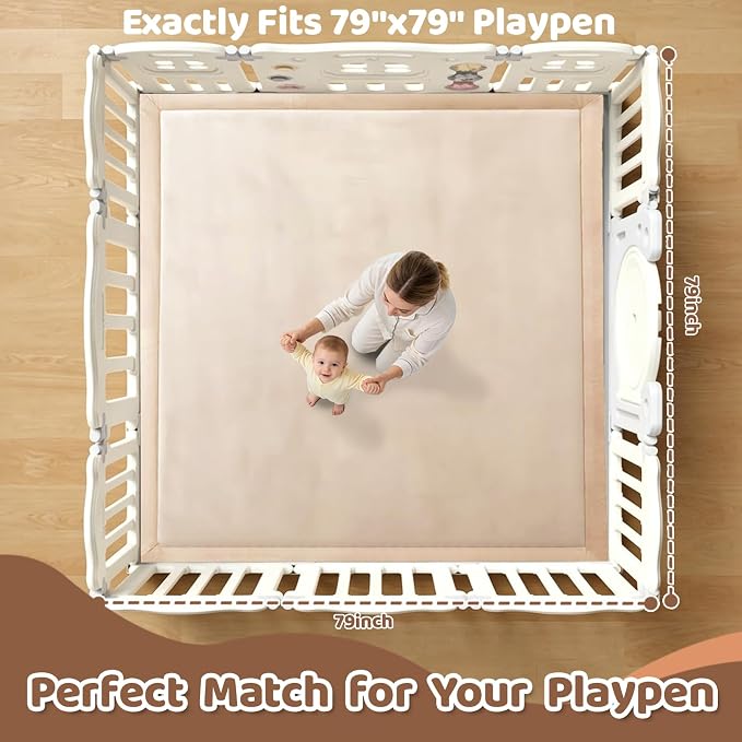 Baby Play Mat for Floor, 79'' x 79'' Thicken Foam Soft Padded Playmat for Tummy Time, Playpen Mat for Toddlers Infant Kids, Water-Repellent Coral Velvet, Non-Slip Bottom Safe for Crawling (Brown)