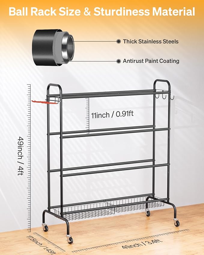 EXTCCT Basketball Rack, Rolling Basketball Shooting Training Stand,Sports Equipment Storage with Wheels, Four-Layer Organizer Holder with Two Basket for Basketballs Footballs Volleyball