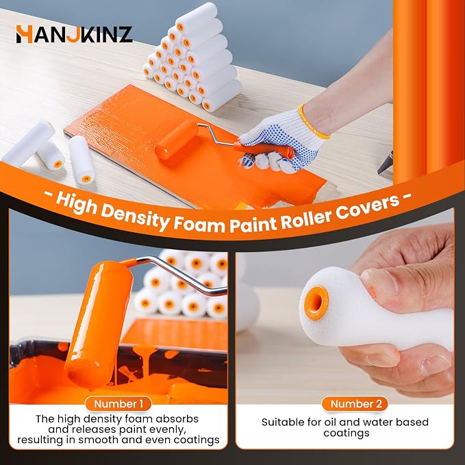 Foam Paint Roller, 4 Inch, 24 Pack, Mini Paint Roller Covers | High Density Foam, Small Paint Rollers for All Flat Surfaces, Suitable for Wall, Kitchen Cabinets, Doors, Tables