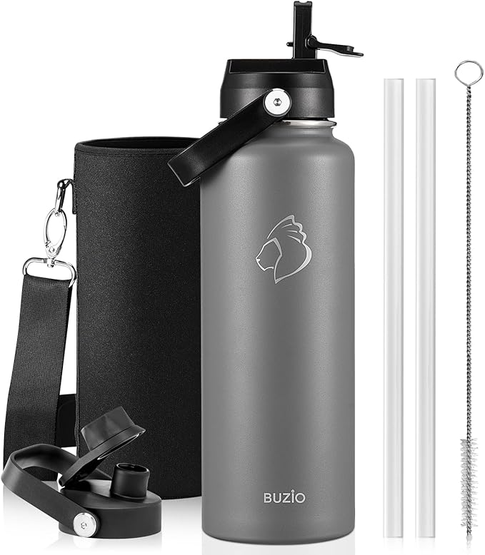 BUZIO Double Wall Stainless Steel Sports Wide Mouth Water Bottle, BPA-Free Flex Cap and Straw Lid, 40 Ounces & 32 Ounces Water Bottle, Graphite | 40 oz Insulated Stainless Steel Water Flask (Cold for 48 Hrs/Hot for 24 Hrs), Dishwasher Safe, Leakproof, ...