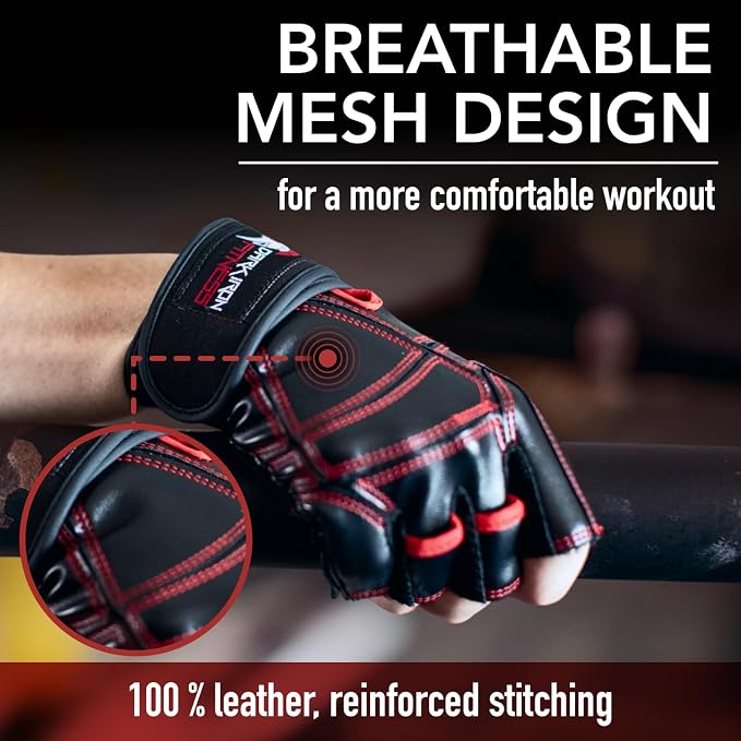 Dark Iron Fitness Genuine Leather Gym Gloves for Men Women, Wrist Wrap Support Workout Gloves for Weight Lifting Crossfit Deadlift Barbell Exercise Palm Padding Callus Protection Grips