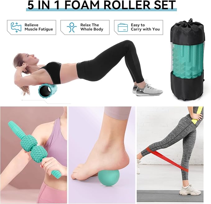 5 in 1 Foam Roller Set, High Density Patented Exercise Roller | Deep Tissue Massage Roller Stick, Massage Ball, Resistance Band for Pilates, Yoga, Whole Body Fitness Exercise,Tiffany Green