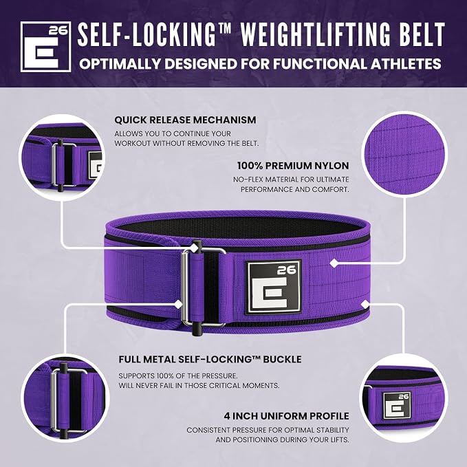 Element 26 Self-Locking Weight Lifting Belt | 4” Back Support for Gym, Powerlifting, Body Building, Cross Training, Men, Women, Deadlift, Squat, Quick Locking, Competition