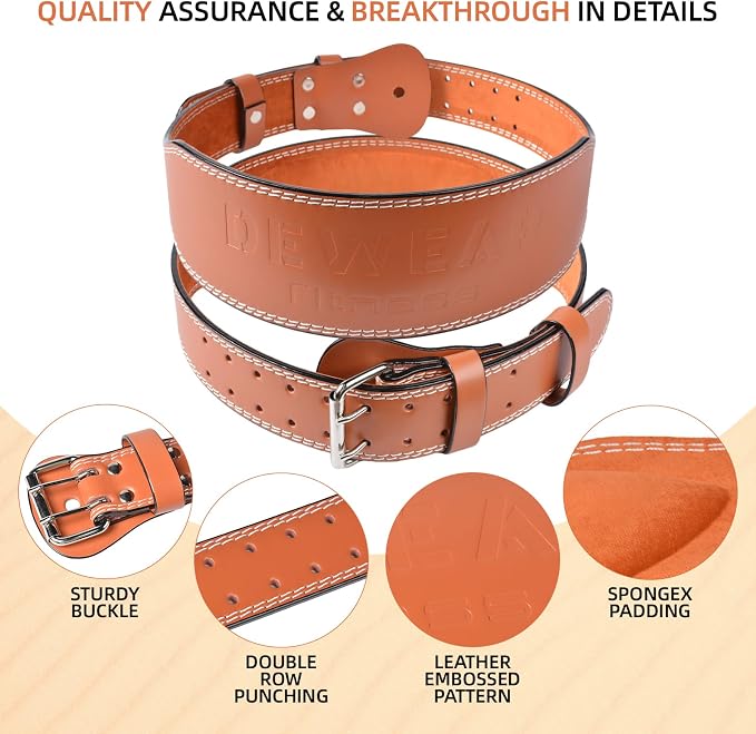 Leather Weight Lifting Belt, 4”& 6”Padded Lumbar Back Support, 10 Adjustable Holes, Gym Weight Belt Ideal for Deadlift, Powerlifting, Bodybuilding and Squat
