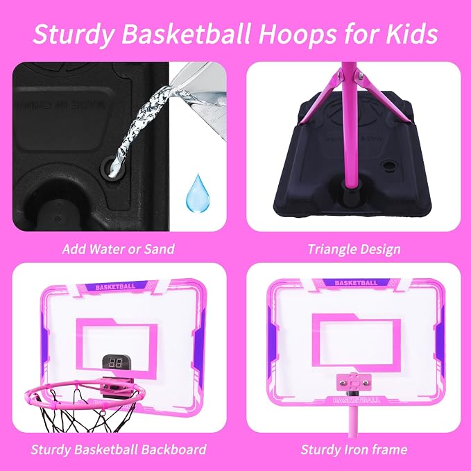 Kids Basketball Hoop, Adjustable Height Toddler Basketball Hoop Stand, Indoor Outdoor Basketball Goal Toy for Boys Girls Ages 3~8 Years Old, Includes 3 Balls, Ideal for Birthday Gift