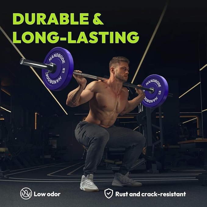 HANDBODE 2-Inch Weight Plates High Bounce, Olympic Bumper Plate Set 45/100/160/190/260/300lb, Colored Weight Plates Set for Home Gym, Barbell Weights Rubber Strength Training Plate for Weight Lifting