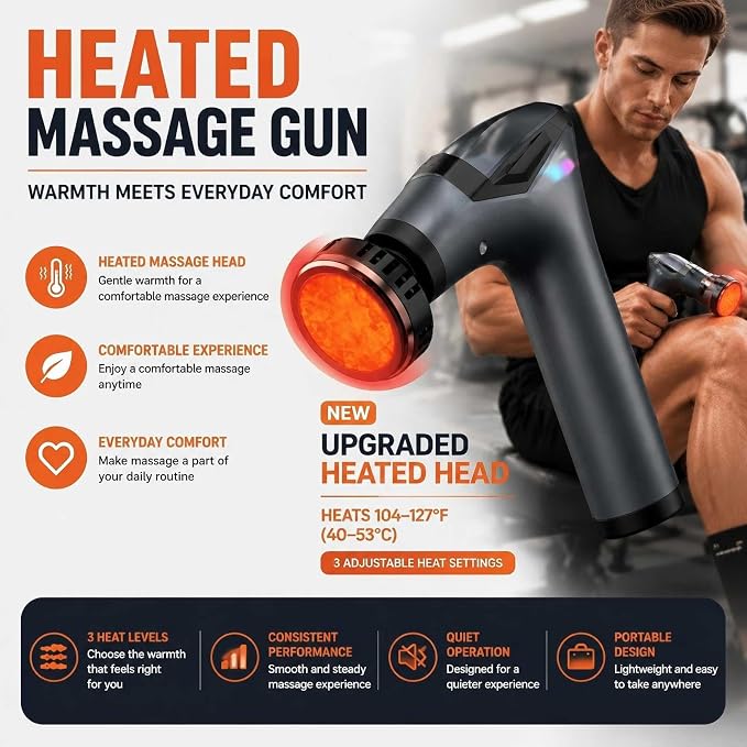 Massage Gun with Heat & Extension Handle, 12 Speeds, Detachable Design | Massage Gun with Warming Function, Adjustable 12 Speeds, Detachable Extension Handle, Portable Design for Home, Gym & Travel