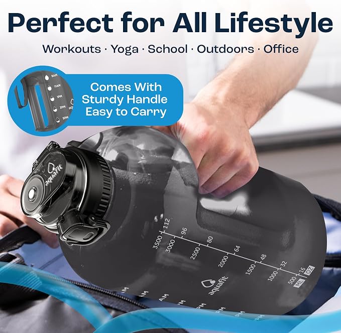 AQUAFIT Gallon Water Bottle with Time Marker, 2in1 Lid | BPA Free 128 oz Water Bottle with 2in1 Straw and Chug Lid - Leakproof Gym Water Bottle with Carry Handle (Purple Haze)