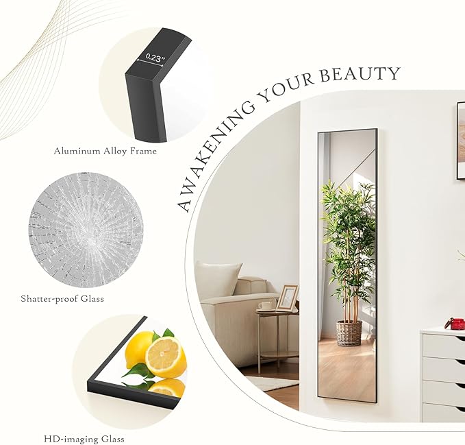 NEWBULIG 59"x16" Full Length Mirror, Full Body Standing Mirror, Black | Leaning or Standing, Tempered Glass, Aluminum Alloy Thin Frame Floor Stand for Bedroom, Cloakroom