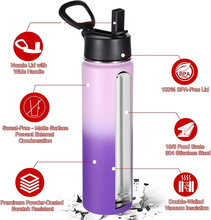 Volhoply 24 Ounce Insulated Water Bottle with Straw Lid,Stainless Steel Wide Mouth Sport Bottles with Handle,Double Wall Vacuum Cups Keep Cold,Reusable Travel Thermal Cups For Holder(Lavender,1)