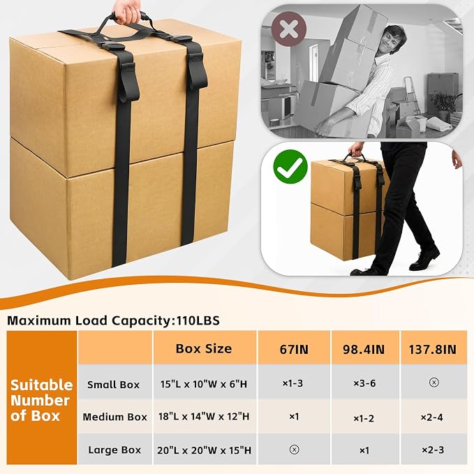 98.4 Inches Box Carrying Strap with Handle to Safely Move Heavy Boxes | Extra-Long Adjustable Heavy-Duty H-Shaped Straps with Organizer Clip, Handheld Belt Designed for Easy Lifting Large Luggage