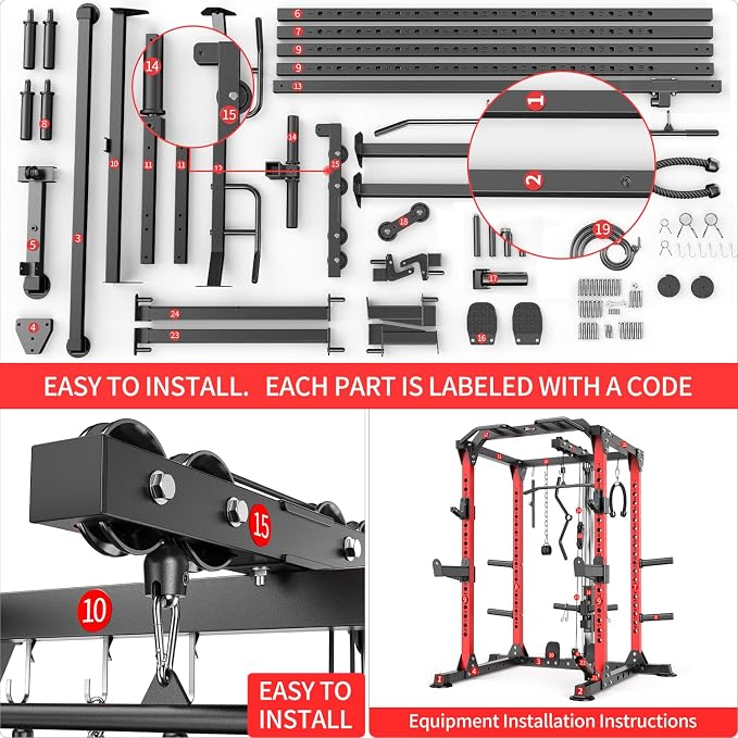 Power Rack Power Cage Multi-Function Squat Rack with Cable Crossover System Selectable More Training Attachment Power Rack for Garage & Home Gym
