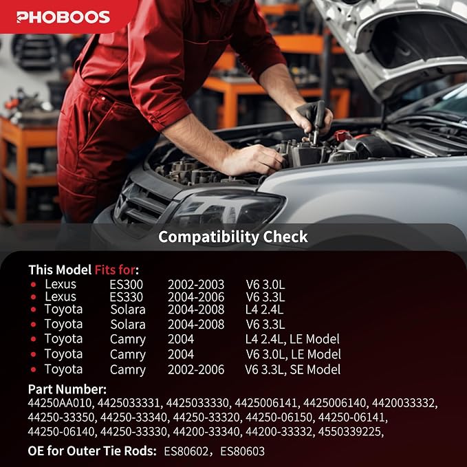 PHOBOOS Hydraulic Power Steering Rack and Pinion Assembly Compatible with Lexus ES300/ES330 & Toyota Camry/Solara, with Outer Tie Rod Ends, 2002-2006, Ref. 26-2606, ES80602