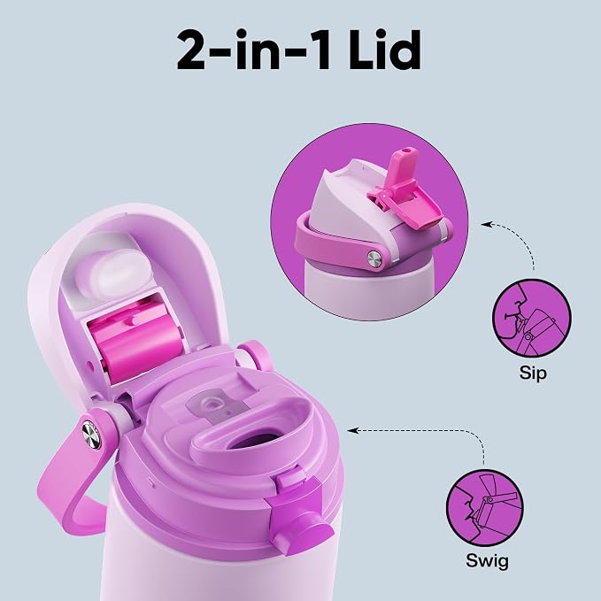 Insulated Water Bottle with Straw - Encool Stainless Steel Water Bottle with Push Button Lid, Leak-Proof & BPA-Free, Keeps Cold for 24 Hours for Sports, Travel, Gym (24 oz, Thistle-Fuchsia)