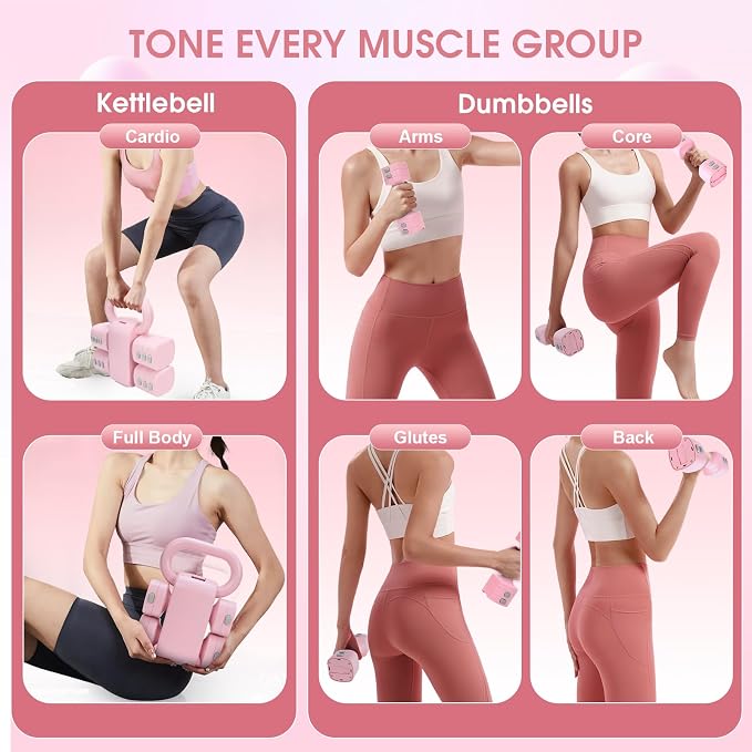 Adjustable 2-in-1 Convertible Kettlebell & Dumbbells Set, 4 in 1 Free Weights Dumbbell Set of 2, Each 2.2 3.3 4.4 5.5lb Quick Change Women Dumbbell Set for Home Exercise Training