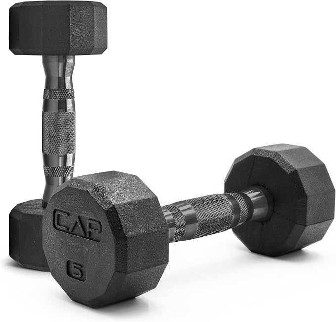 CAP Rubber Coated Dumbbell Weights, Free Weights for Home Gym Strength Training, Anti-Roll Hex Dumbbells with Black, Chrome & Comfort Grip Handles, Pairs & Sets