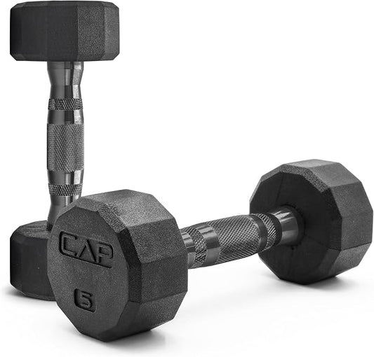 CAP Rubber Coated Dumbbell Weights, Free Weights for Home Gym Strength Training, Anti-Roll Hex Dumbbells with Black, Chrome & Comfort Grip Handles, Pairs & Sets