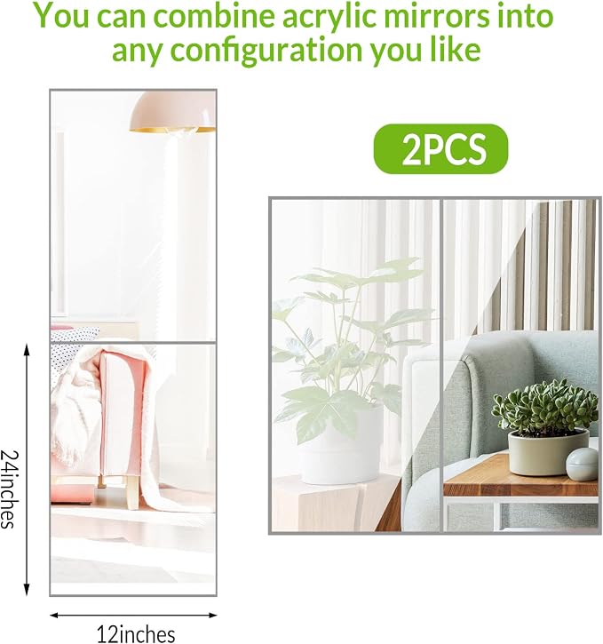 Queekay 2 Pcs Home Gym Mirrors 12" x 24" Acrylic Wall Mirror Tiles 2mm Thick Self Adhesive Mirror Sheets Frameless Wall Mounted Mirror Stickers Decor for Workout Bedroom Ceiling