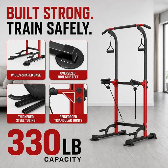 Power Tower Pull Up Dip Station Adjustable Height 330lbs Home | Space-Saving Design,Easy to Assemble,Pull-Ups,Dips,Push-Ups,Strength Training,Improving Posture,Fits Users Under 6 FT