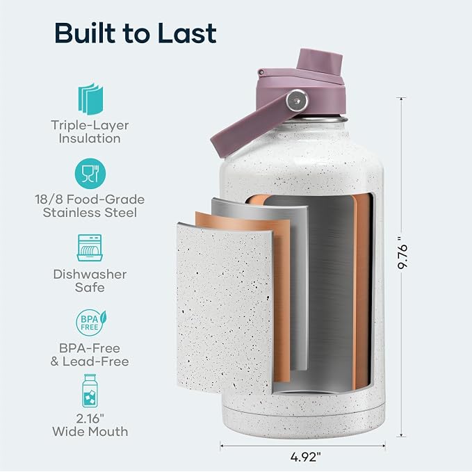 BUZIO 64oz Insulated Water Bottle with Straw Lid and Spout Cap, Stainless Steel Powder-Coat Water Flask, Keep Beverage Cold for 48 Hrs Hot for 24 Hrs Simple Thermo Canteen Mug, Starry Violet
