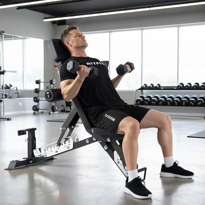 RitFit 3-Section Adjustable Weight Bench for Home Gym, 1600LB Capacity | Incline Decline Flat, 10 Backrest & 5 Headrest Positions, Full Body Strength Training with 14GA Steel Frame