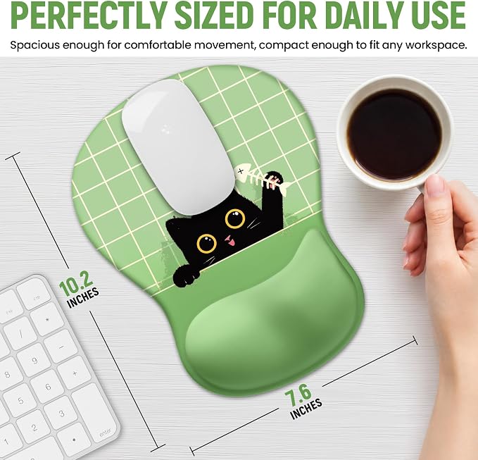 Ergonomic Mouse Pad with Wrist Rest, Gel Wrist Support, Green Cat | 10.2 x 7.6 in Mouse Pad with Smooth Fabric Surface and Non-Slip Rubber Base for Office, Home, Study, and Gaming