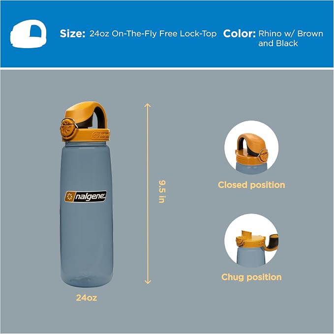 Nalgene 24 oz On The Fly Lock-Top Water Bottle, Rhino w/Brown and Black | Easy Chug Cap with Locking Lid, Cup Holder Size, BPA-Free, Durable & Leak Proof, Slim Travel Bottle for School & Sports