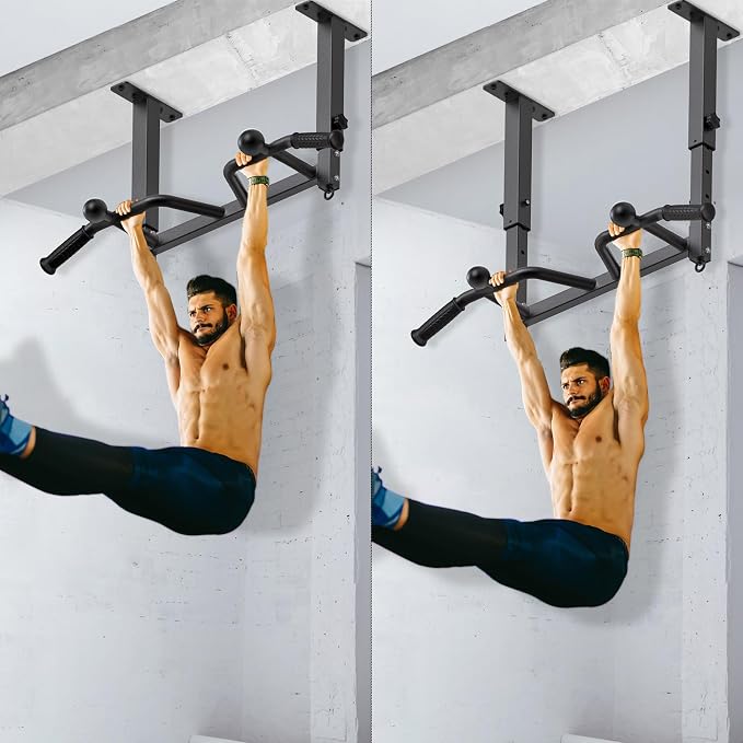 SELEWARE Heavy Duty Welded Pull Up Bar Wall/Joist/Ceiling Mount Chin Up Bar | Multifunctional Pull-up Bars w/Resistance Band Hooks for Home Gym Strength Training, Sturdy Steel Construction Support 500 lb