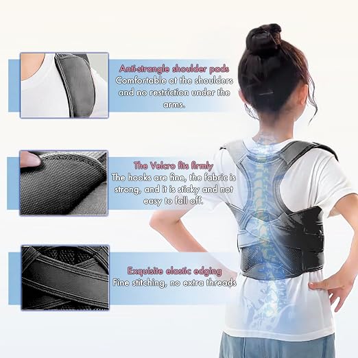 Back Brace Posture Corrector for Kids Teenagers Women, Adjustable Upper Back Straightener Lumbar Support Belt for Student Boys Girls Hunchback Scoliosis Pain Relief Spine Corrector (Black, Medium)