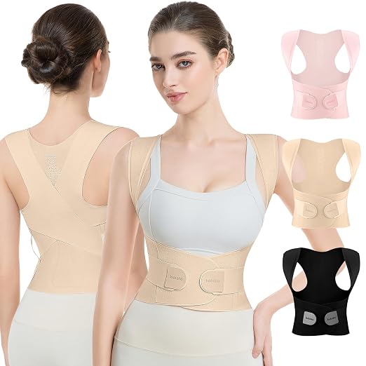 babaka Posture Corrector for Women, Invisible Lightweight Adjustable Back Brace for Upper and Lower Back Pain Relief, Hunchback, Hump, Scoliosis, Thoracic, Spine Corrector Under Clothes (Beige, Medium, Waist: 29''-35'')